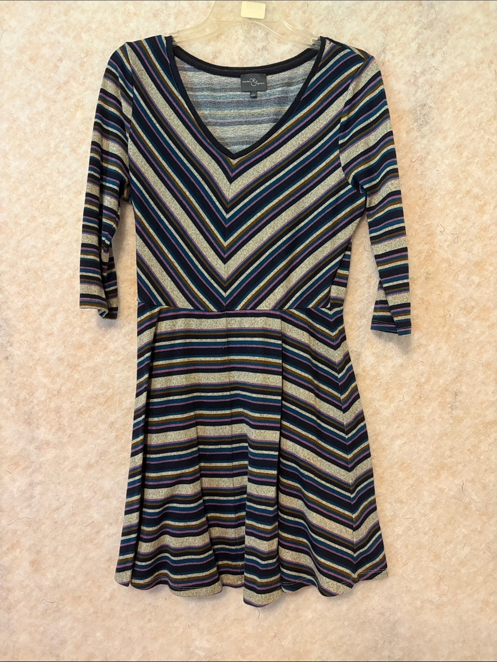 Striped V-Neck Fit & Flare Dress in Multi-Color